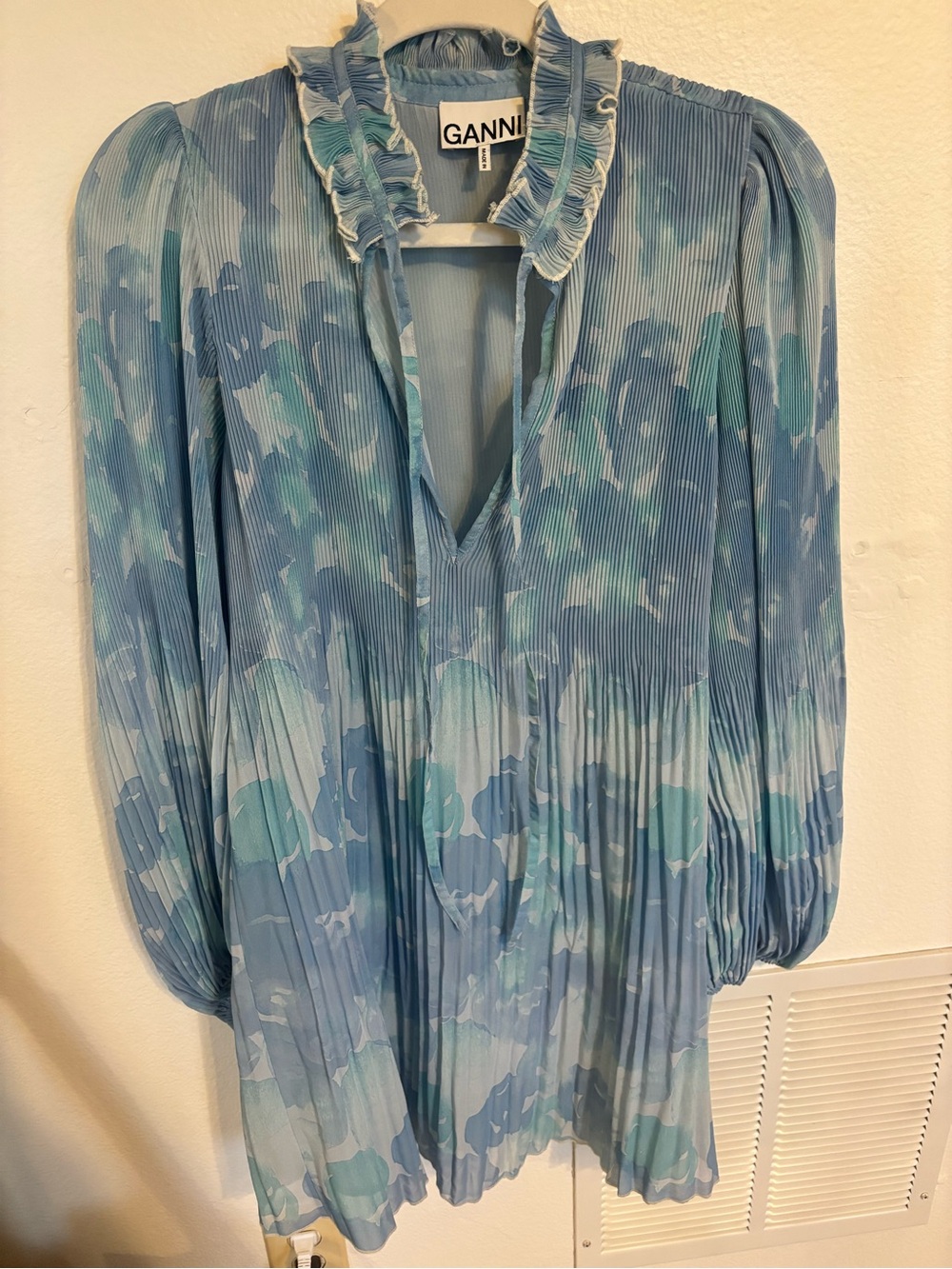 GANNI Blue Floral Pleated Long-Sleeve Dress